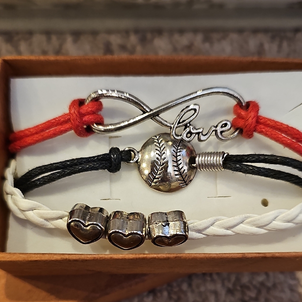Baseball Love Three Strand Leather Strap Bracelet. Adjustable Hook Closure